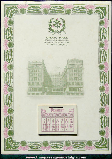 1912 Craig Hall Hotel Atlantic City New Jersey Advertising Souvenir Calendar & Booklet