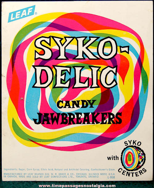 Unused 1960s Psychedelic Leaf Syko Delic Candy Jaw Breakers Machine Advertising Card