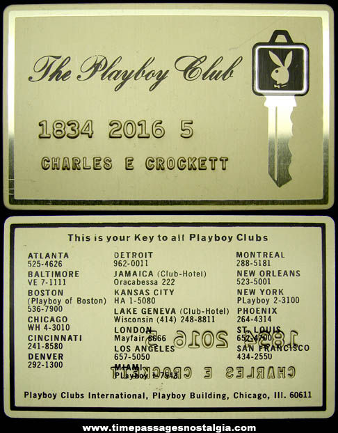 1960s Gold Metal Playboy Clubs International Key Card
