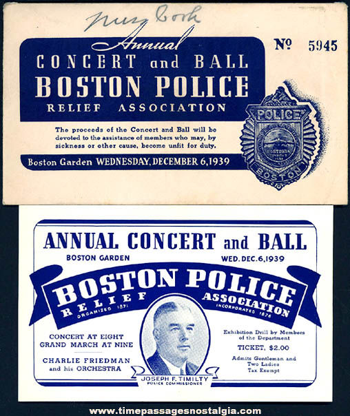 Unused 1939 Boston Police Relief Association Concert & Ball Ticket & Envelope