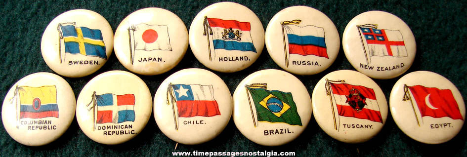 (11) Old Celluloid Sweet Caporal Cigarette Advertising Premium Country Flag Pin Back Buttons