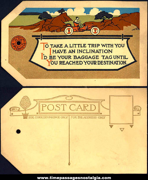Colorful Unused 1912 Luggage Tag Post Card With An Early Automobile