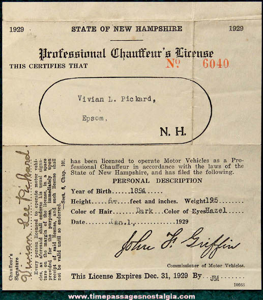 Woman’s 1929 State of New Hampshire Professional Chauffeur’s License