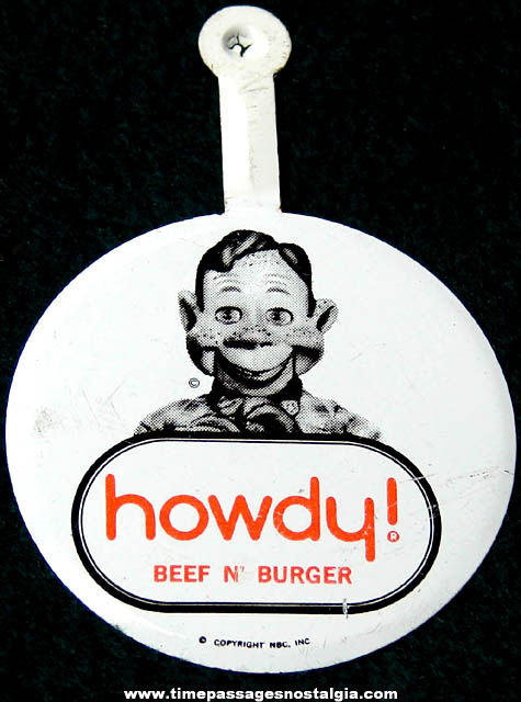 Old Howdy Doody Howdy Beef n’ Burger Restaurant Advertising Tin Tab Button