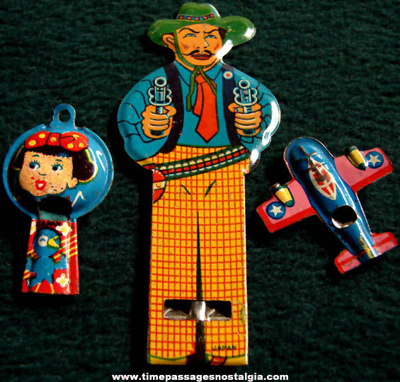 (3) Different Colorful Old Lithographed Tin Toy Whistles