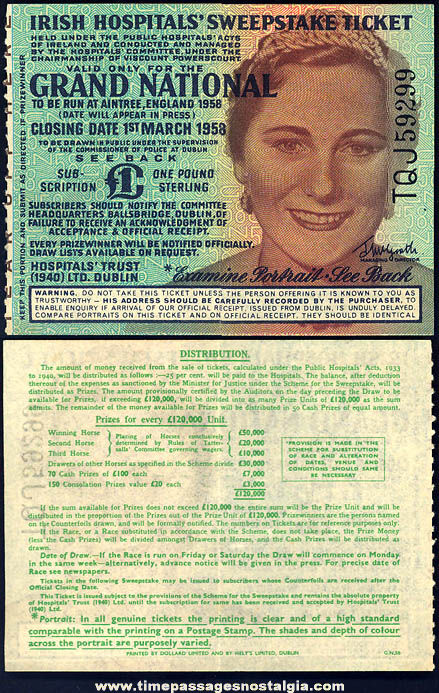 1958 Irish Hospital Sweepstakes Lottery Ticket