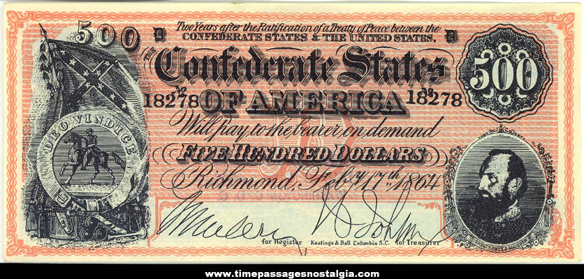 Old Cleaves Cafeteria Advertising Confederate 500 Dollar Bill