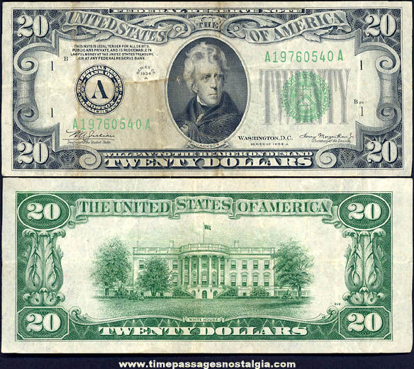 Series 1934A United States Twenty Dollar Currency Bill