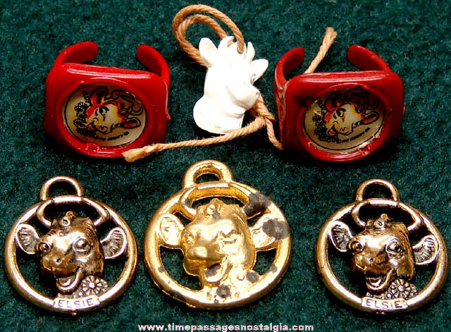 (6) Old Borden Elsie The Cow Advertising Premium Toy Rings & Charms