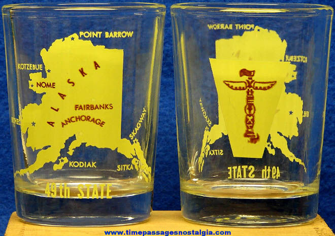 (2) Old Imprinted Alaska State Advertising Souvenir Drink Glasses