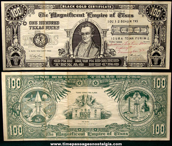 1952 Novelty One Hundred Texas Bucks Dollar Bill