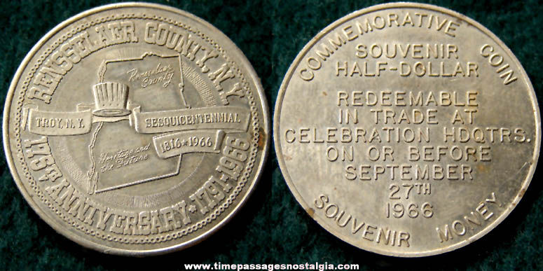 1966 Rensselaer County New York 175th Anniversary Advertising Souvenir Commemorative Medal Token Coin