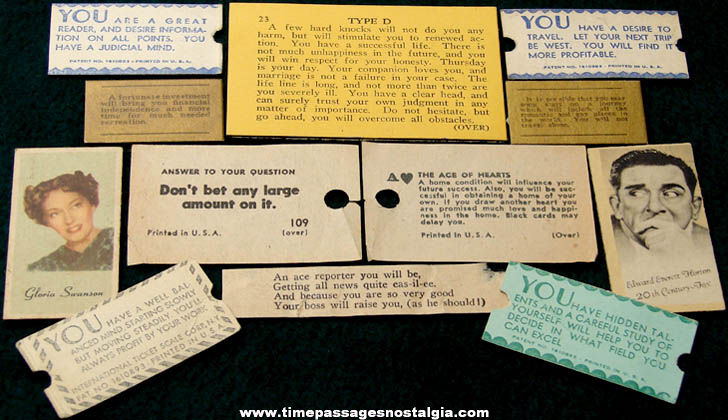 (12) Various Old Arcade Fortune Teller Machine Fortune Cards and Slips