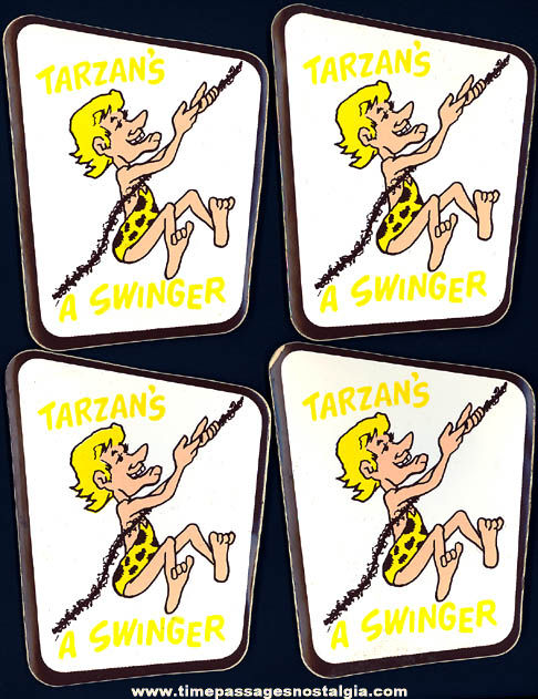 (4) Colorful Old Unused Risque Tarzan Cartoon or Comic Character Stickers