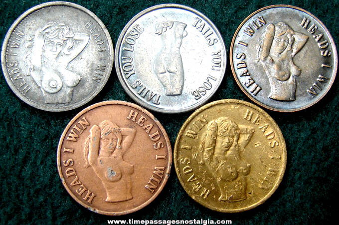 (5) Old Risque Joke Flipping Metal Token Coins
