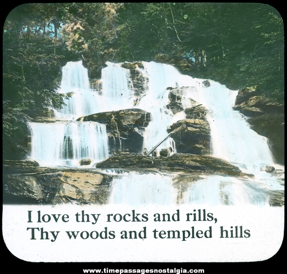 Old River Waterfall With Poetry Magic Lantern Photograph Slide