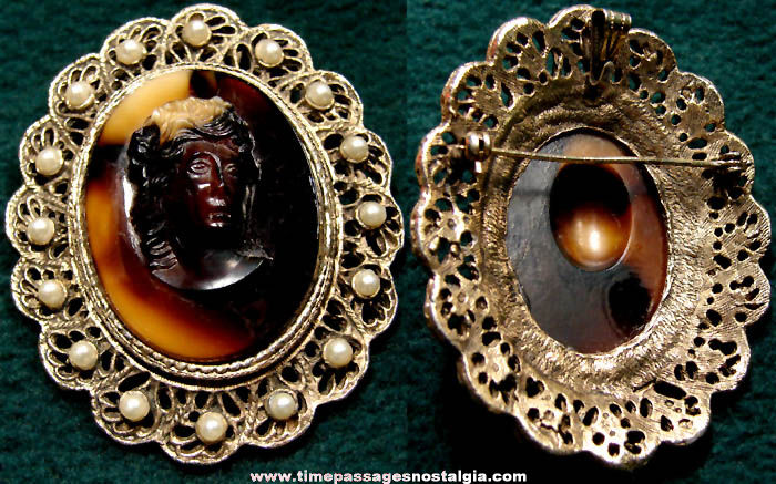 Old Carved Stone or Molded Glass Cameo Brooch Jewelry Pin and Necklace Pendant