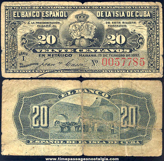 1897 Bank of Cuba 20 Centavos Paper Currency Note