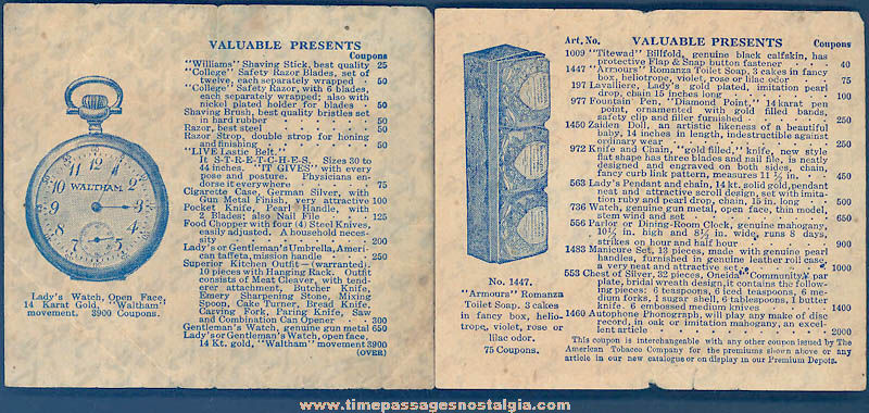 (2) Different 1917 Sweet Caporal Cigarettes Advertising Premium Coupons