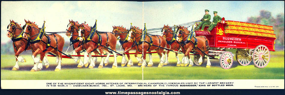 Colorful Old Unused Budweiser Beer Clydesdale Wagon Team Advertising Panoramic Post Card