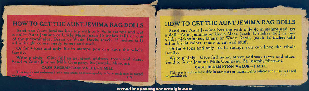 (2) Old Aunt Jemima Pancakes Advertising Premium Rag Doll Family Ordering Instructions