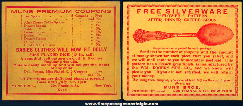 1912 Flaked Rice Cereal Advertising Premium Doll or Silverware Coupon