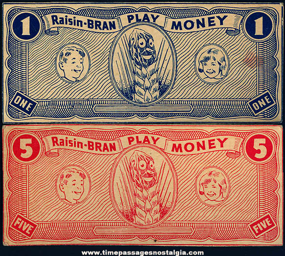 (2) Old Raisin Bran Cereal Advertising Toy Play Money Dollar Bills
