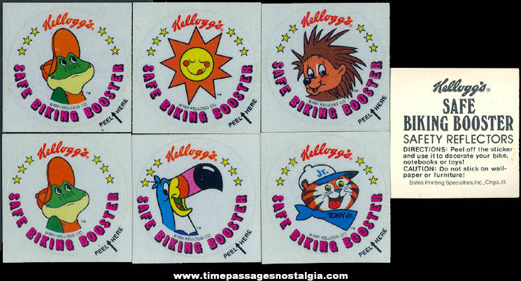 (7) Unused 1981 Kellogg’s Advertising Character Cereal Prize Safe Biking Booster Safety Reflector Stickers