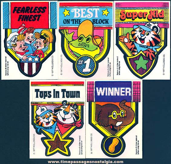 (5) Unused 1977 Kellogg’s Cereal Advertising Character Badge & Iron On Transfer Prizes