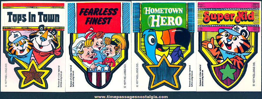 (4) Unused 1977 Kellogg’s Cereal Advertising Character Badge & Iron On Transfer Prizes