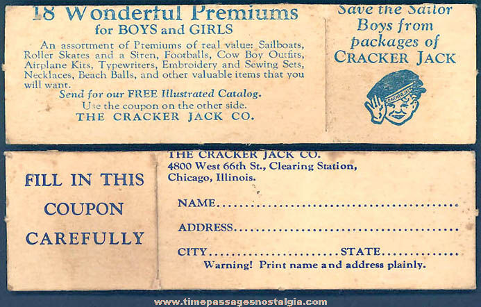 Old Unused Cracker Jack Pop Corn Confection Advertising Premium Catalog Order Form Coupon