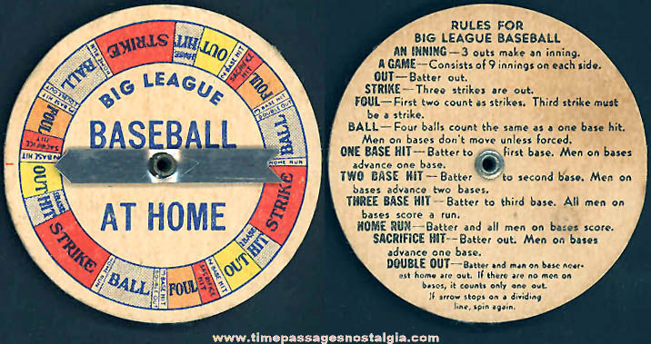 1946 Cracker Jack Pop Corn Confection Big League Baseball Prize Toy Spinner Game