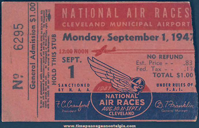 1947 National Air Races Cleveland Municipal Airport Advertising Ticket Stub