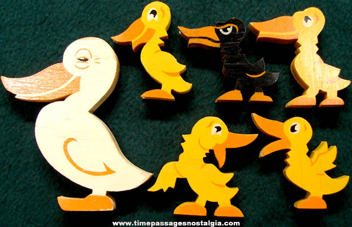 (6) Colorful Old Painted Wood Cartoon or Comic Character Duck Figures