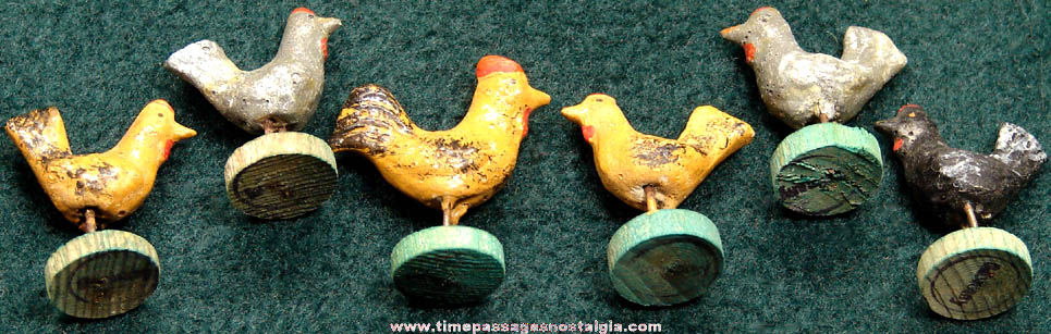 (6) Colorful Old Painted German Composition Chicken Figures
