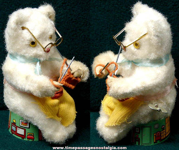 Old Wind Up Mechanical Toy Knitting Bear
