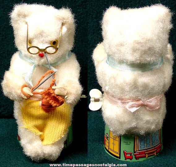 Old Wind Up Mechanical Toy Knitting Bear