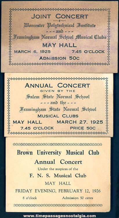 (3) Different 1920s Massachusetts Music Concert Tickets