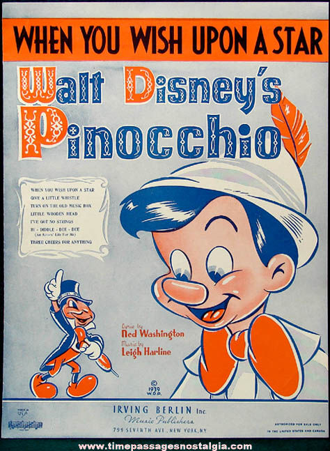 Colorful 1940 Walt Disney Productions & Irving Berlin Pinocchio Song Sheet