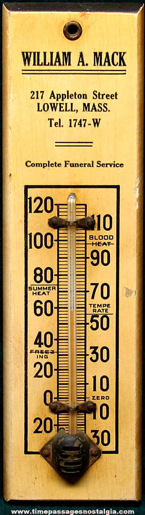 Old Wooden William A. Mack Funeral Home Advertising Premium Thermometer