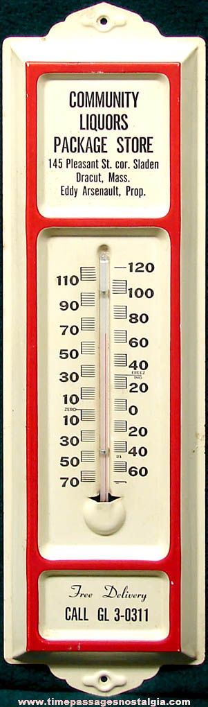 Old Metal Dracut Massachusetts Package Store Advertising Premium Thermometer