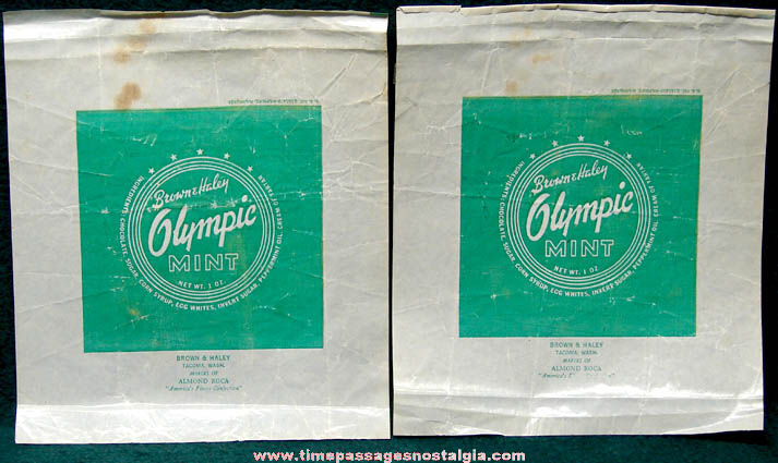(2) Old Brown & Haley Olympic Mint Candy Bar Advertising Wrappers