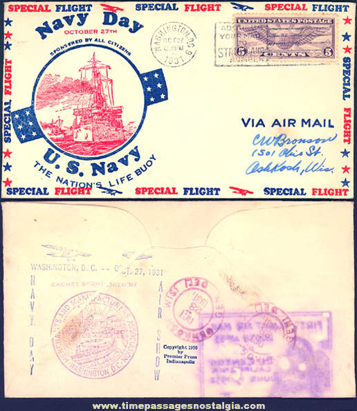 1931 United States Navy Day Special Flight Cover Envelope