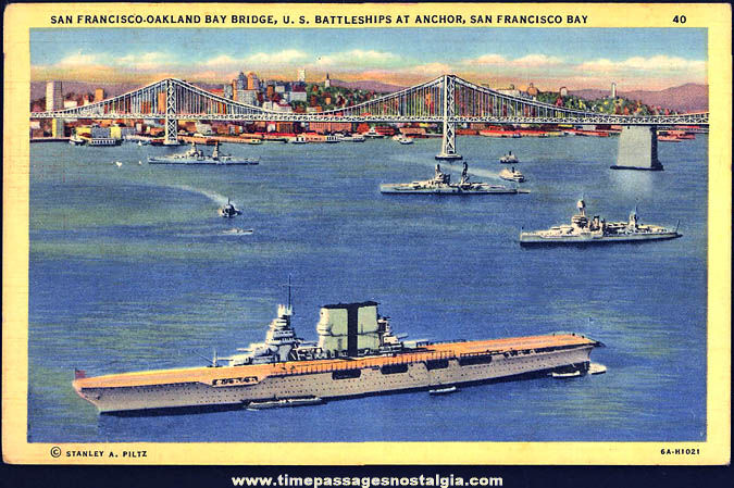 Unused 1940s San Francisco Bay With U.S. Navy Ships Linen Post Card