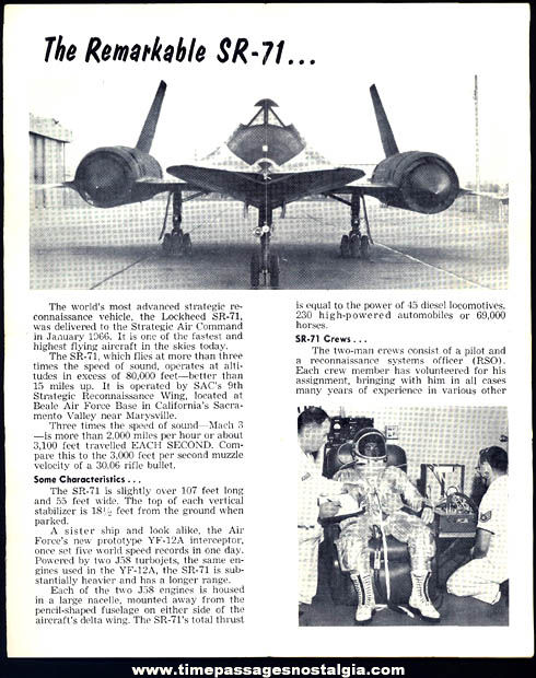 Old United States Air Force SR-71 Blackbird Aircraft Advertising Brochure