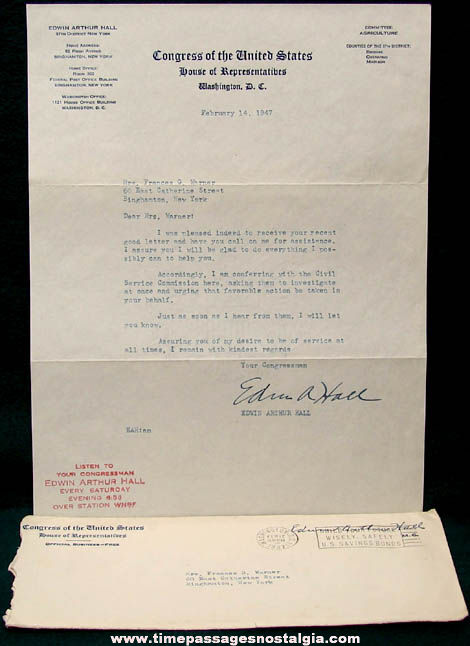 (5) 1940s New York Congressman Edwin Arthur Hall Correspondence Letters