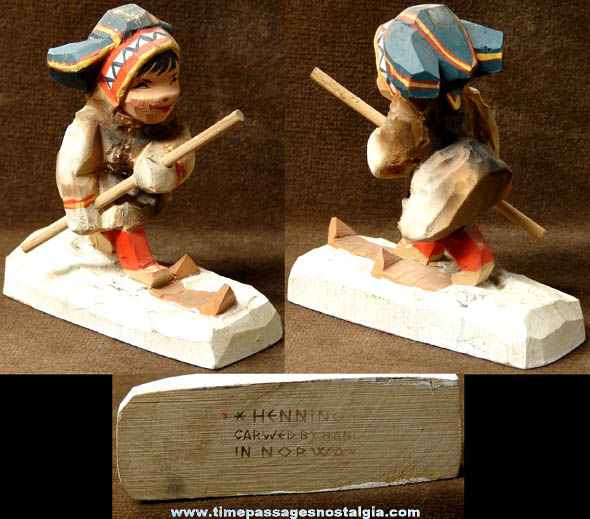 Old Carved & Painted Norwegian Boy On Skis Wooden Figurine