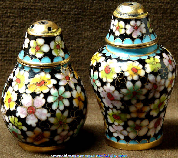 Colorful Old Unused Enameled Brass Flower Salt & Pepper Shaker Set