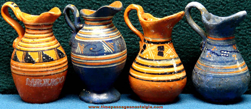 (4) Different Old Miniature Mexican Painted Clay Pottery Pitchers