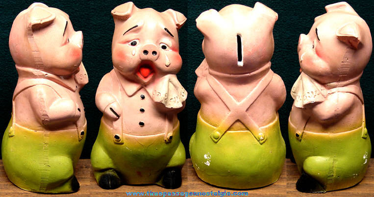 Old Painted Plaster or Chalkware Crying Pig Coin Savings Bank